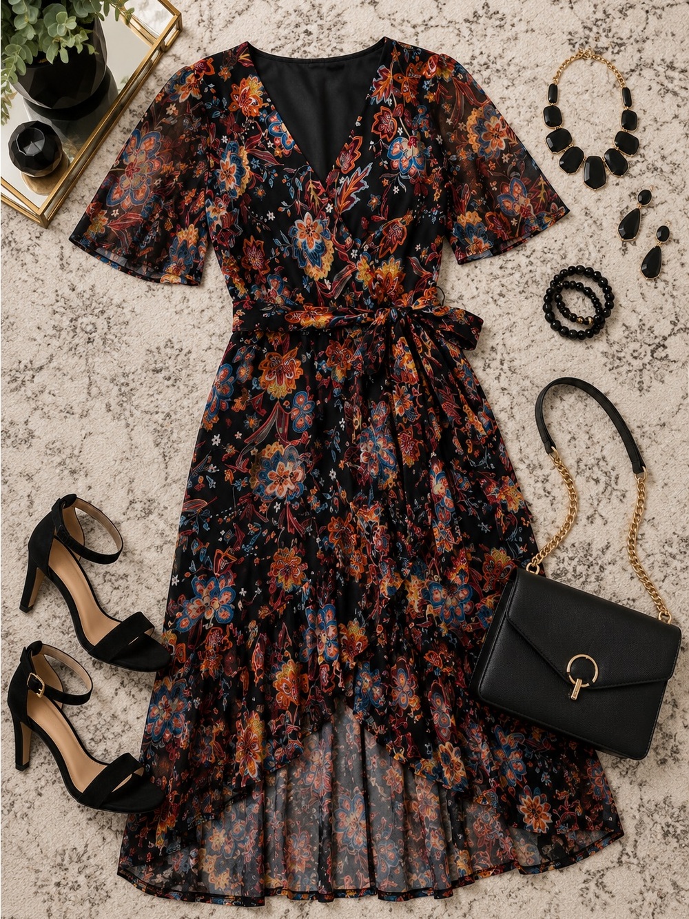 Connected Apparel Petite Black Floral Faux Wrap Midi Dress 14P NWT Boho High Low